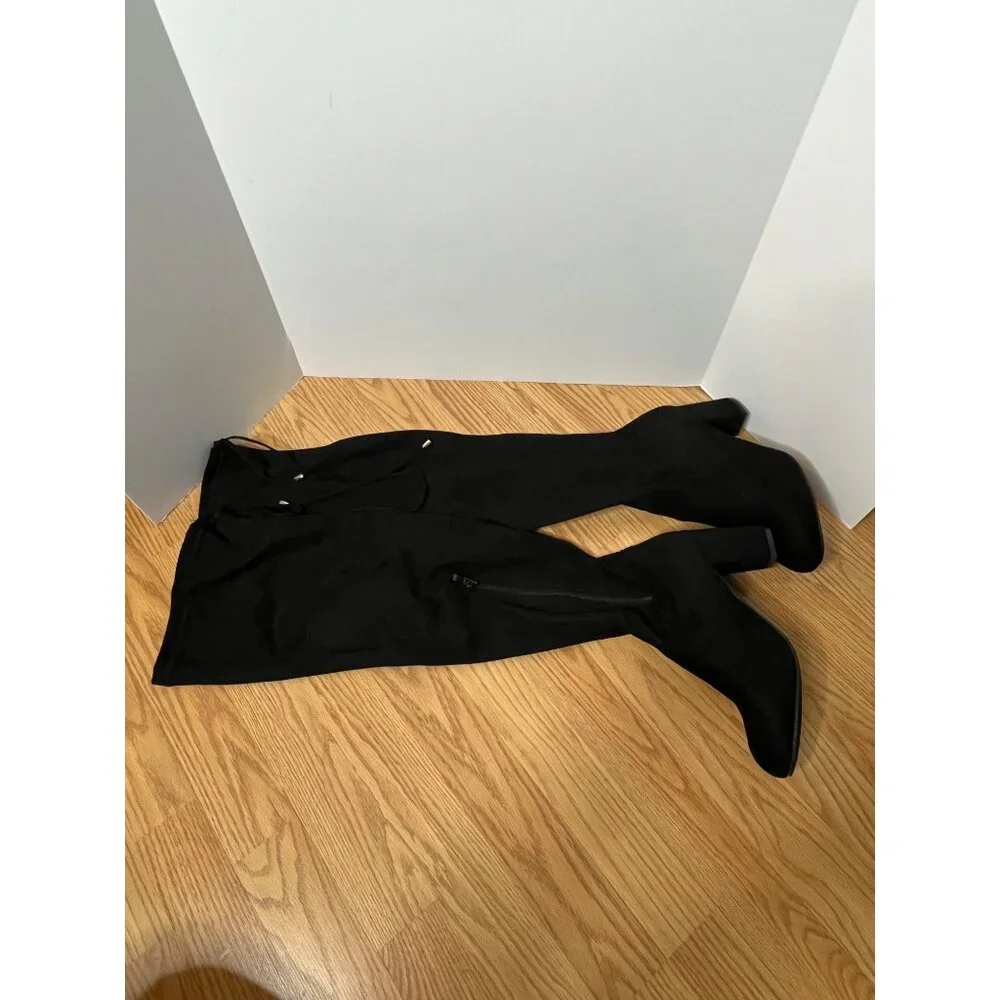 Over-The-Knee Black Suede Boots By Vepose Size 8 Block Heel Side Zipper & Tie Ba